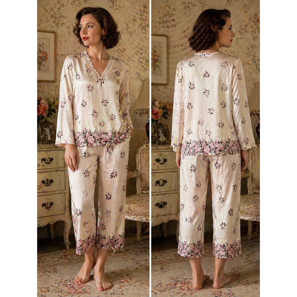VTG‎ Judith Hart 2PC Satin Floral Pajama Set SZ L Elegant Lace Slumber Lounge
